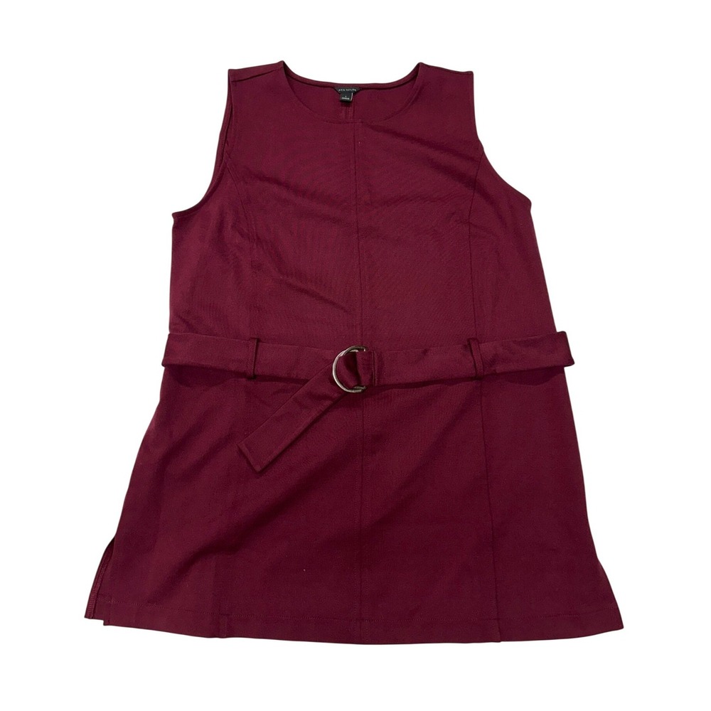 Ann Taylor Sleeveless Belted Tunic Top Burgundy Maroon Crew Neck Shell L Womens